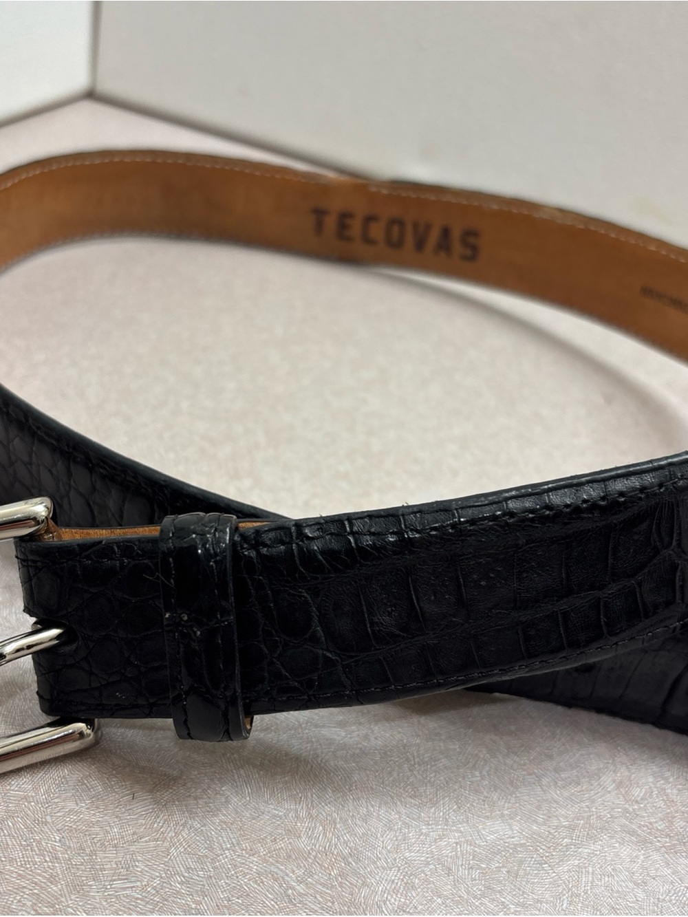 Tecovas Midnight Black Caiman Lizard Leather Mens Dress Belt Buckle Size 32